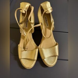 LK Bennett Metallic Gold Leather Wedge Sandals